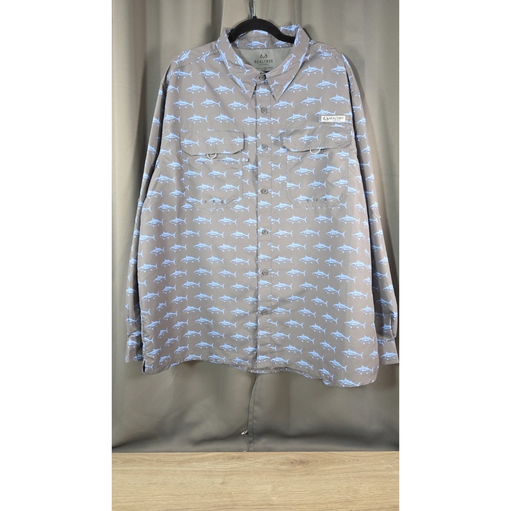 Real Tree Fishing Vented Gray‎ Long Sleeve  Shirt Fish Design 2XL